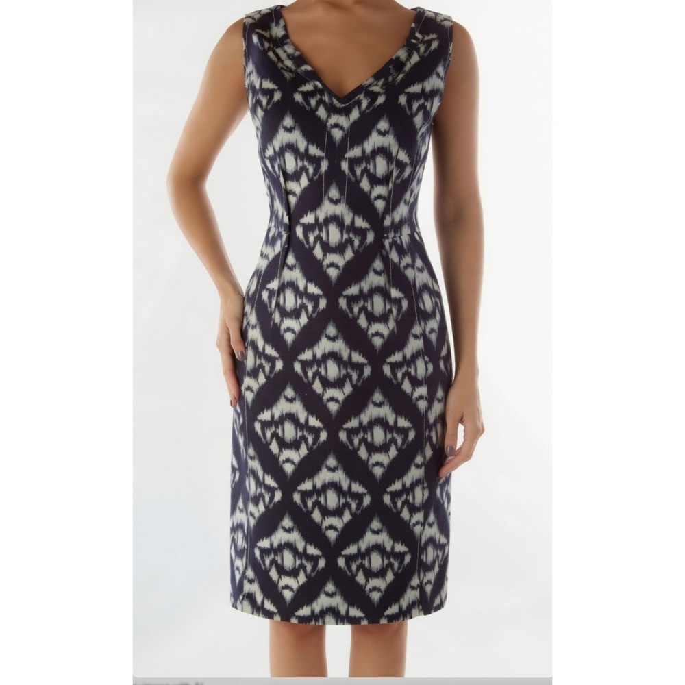 Talbots Sheath Dress 12 Ikat Diamond Stretch Navy Blue‎ Midi Sleeveless Tailored